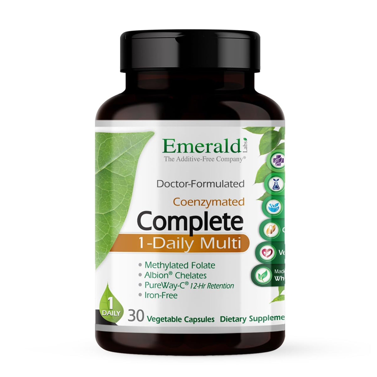 Emerald Labs Complete 1-Daily Multi bottle shown for everyday immune and bone support.