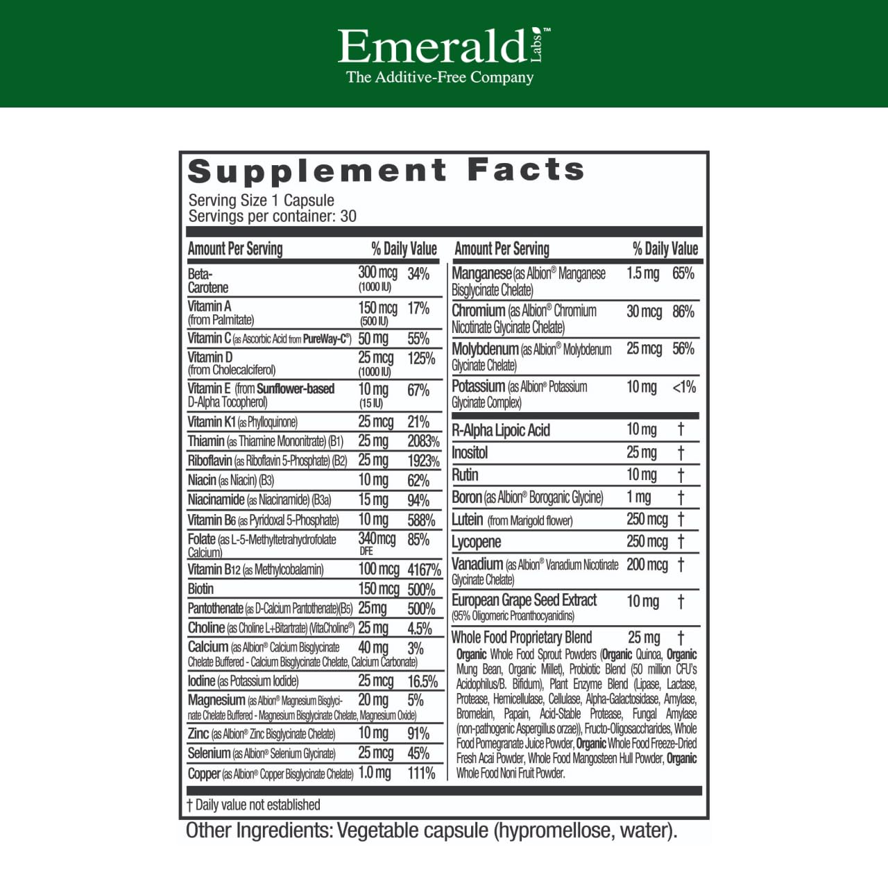 Emerald Labs Complete 1-Daily Multi capsules close-up for simple daily intake.
