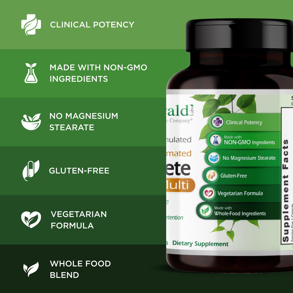 Emerald Labs Complete 1-Daily Multi whole-food blend visual emphasizes sprouts and enzymes.