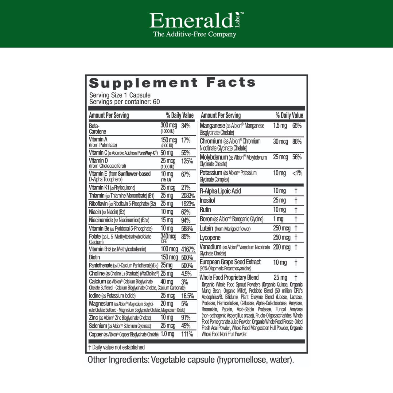 Emerald Labs Complete 1-Daily Multivitamin capsules support daily nutrient intake.