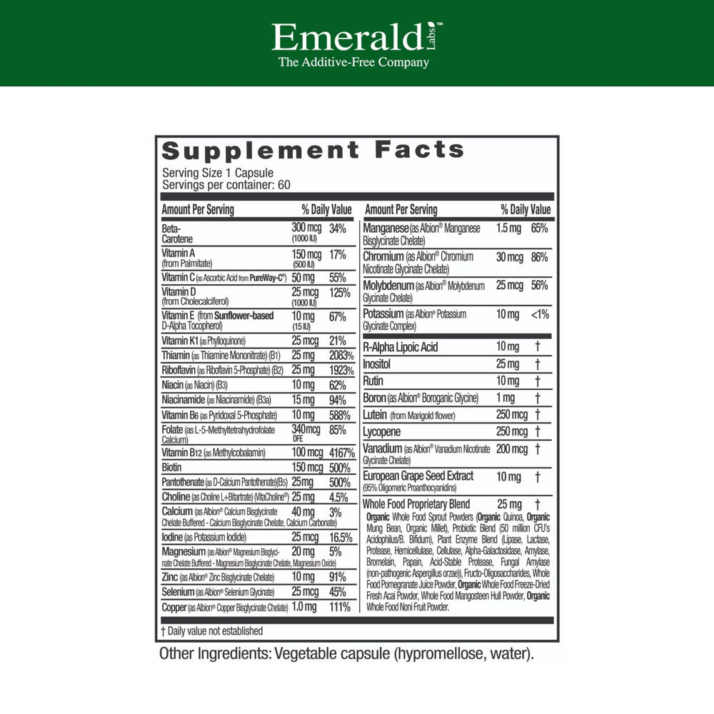 Emerald Labs Complete 1-Daily Multivitamin capsules support daily nutrient intake.
