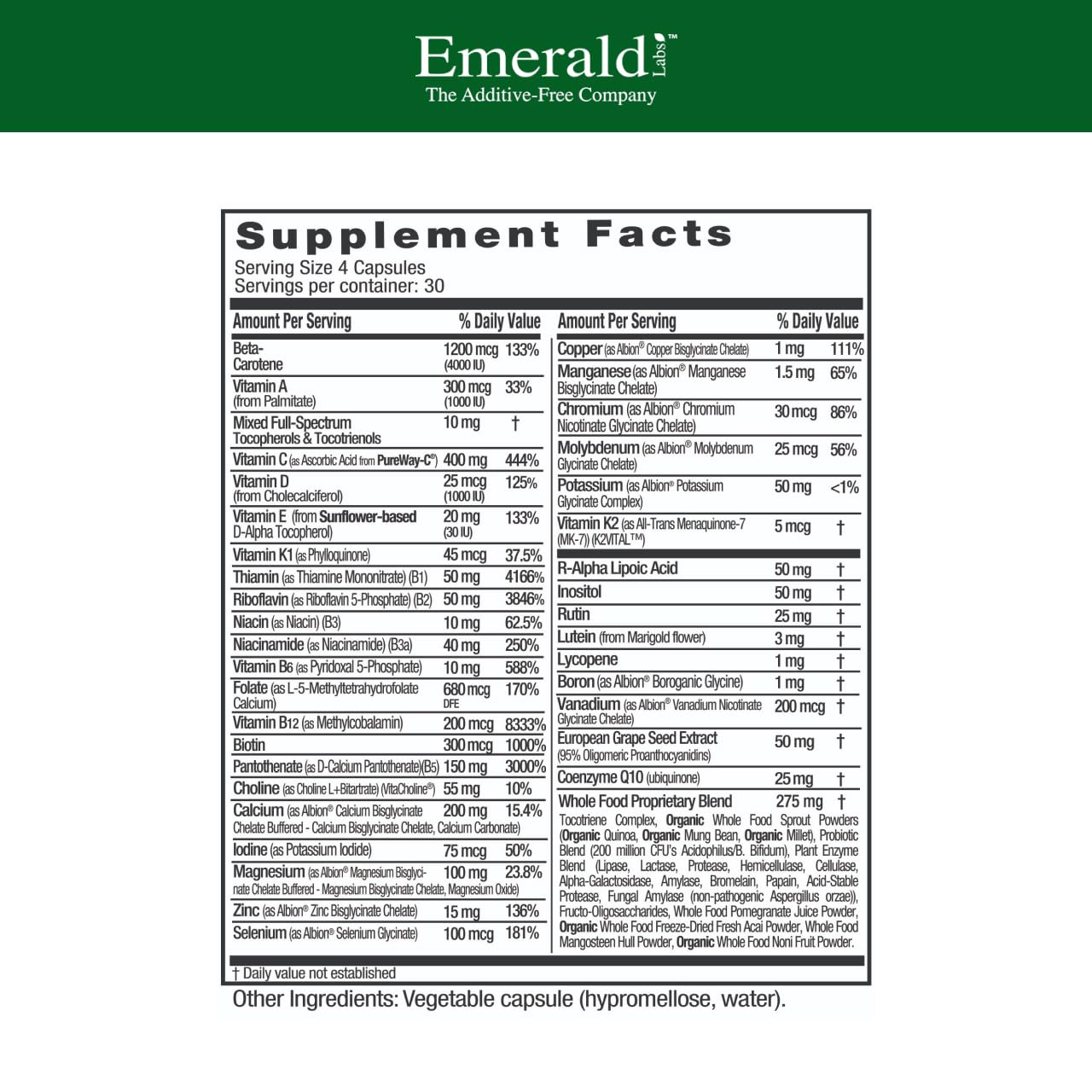 Emerald Labs Complete Clinical Multi label close-up showing clean ingredient list