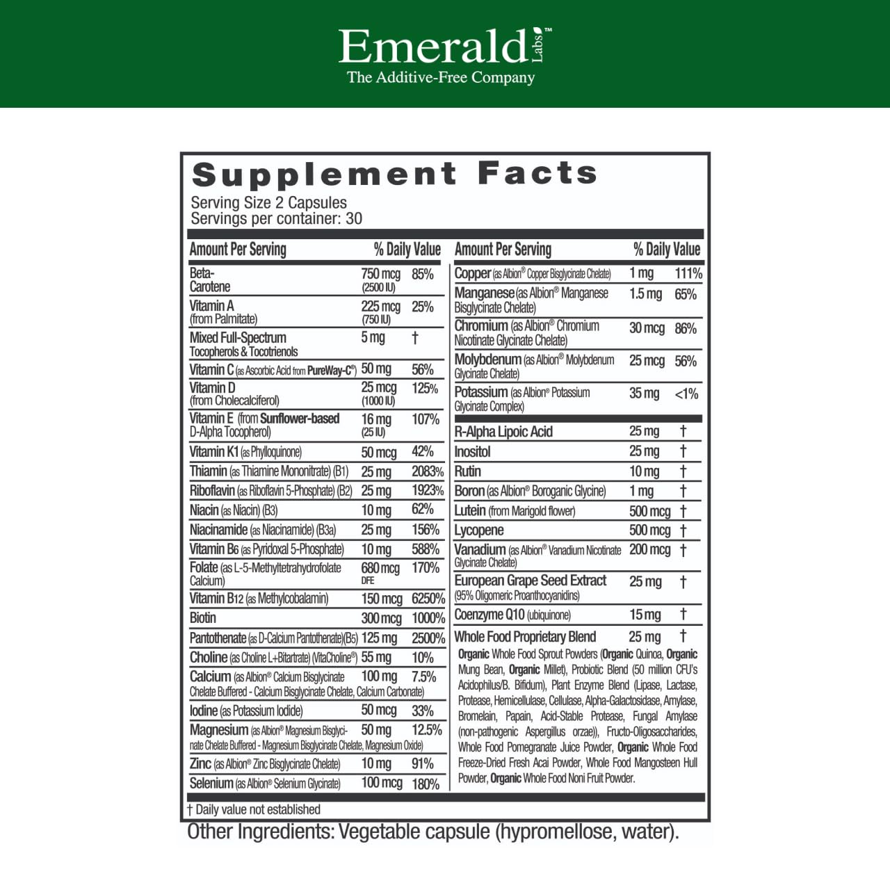Emerald Labs Complete Premium Multi capsules closeup, veggie capsules for daily nutrition