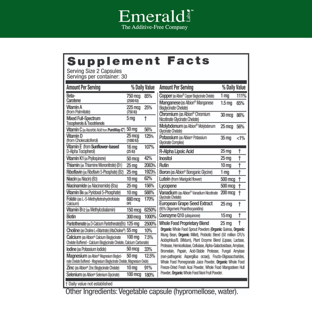 Emerald Labs Complete Premium Multi capsules closeup, veggie capsules for daily nutrition