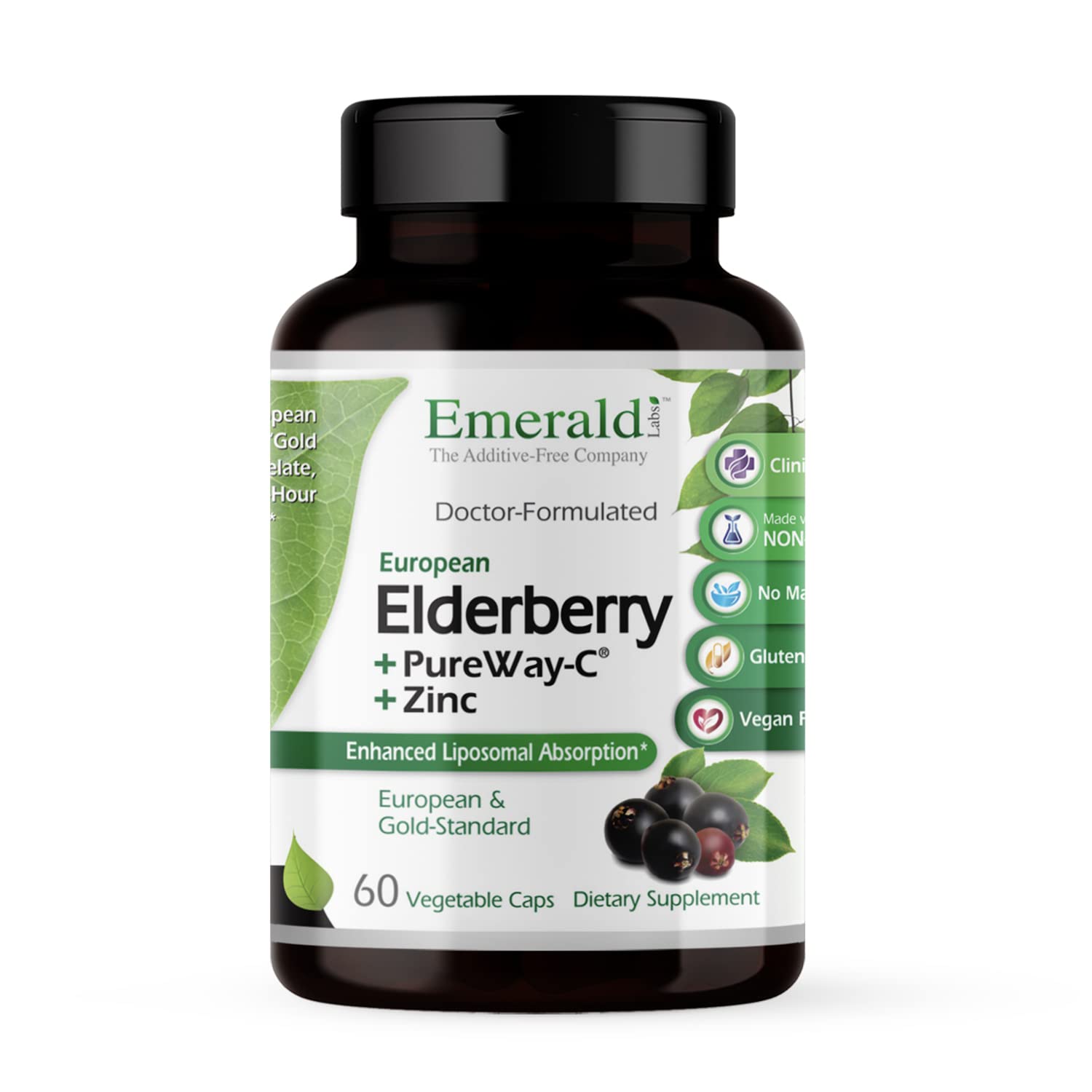 Emerald Labs Elderberry Plus bottle shows immune support and antioxidant benefits.