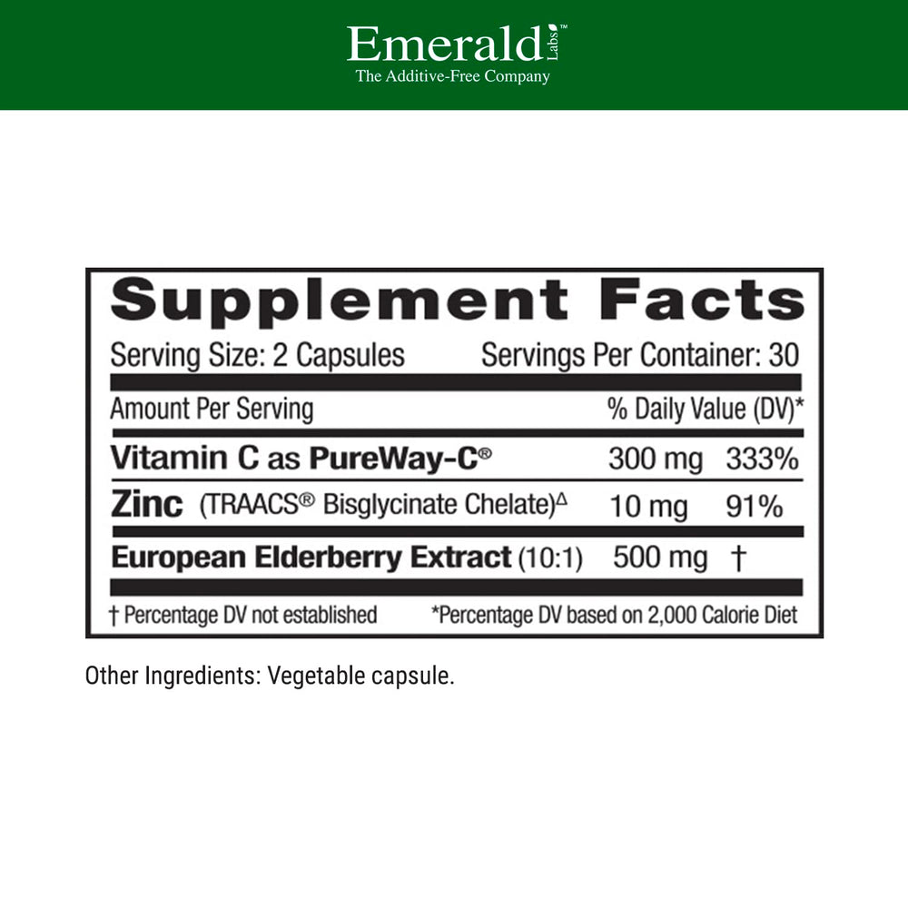 Emerald Labs Elderberry Plus capsules ready for daily immune and digestion support.