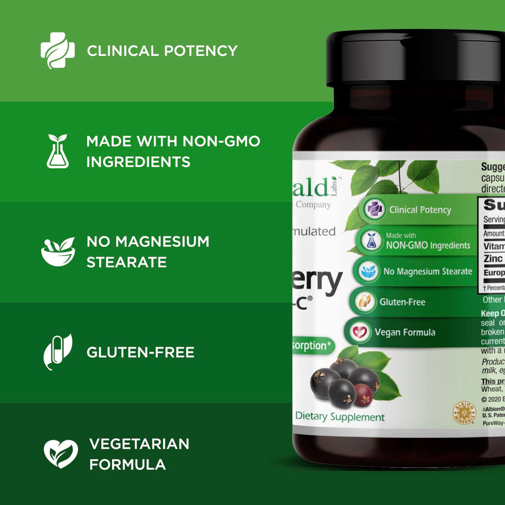 Emerald Labs Elderberry Plus label provides ingredients details and premium elderberry info.