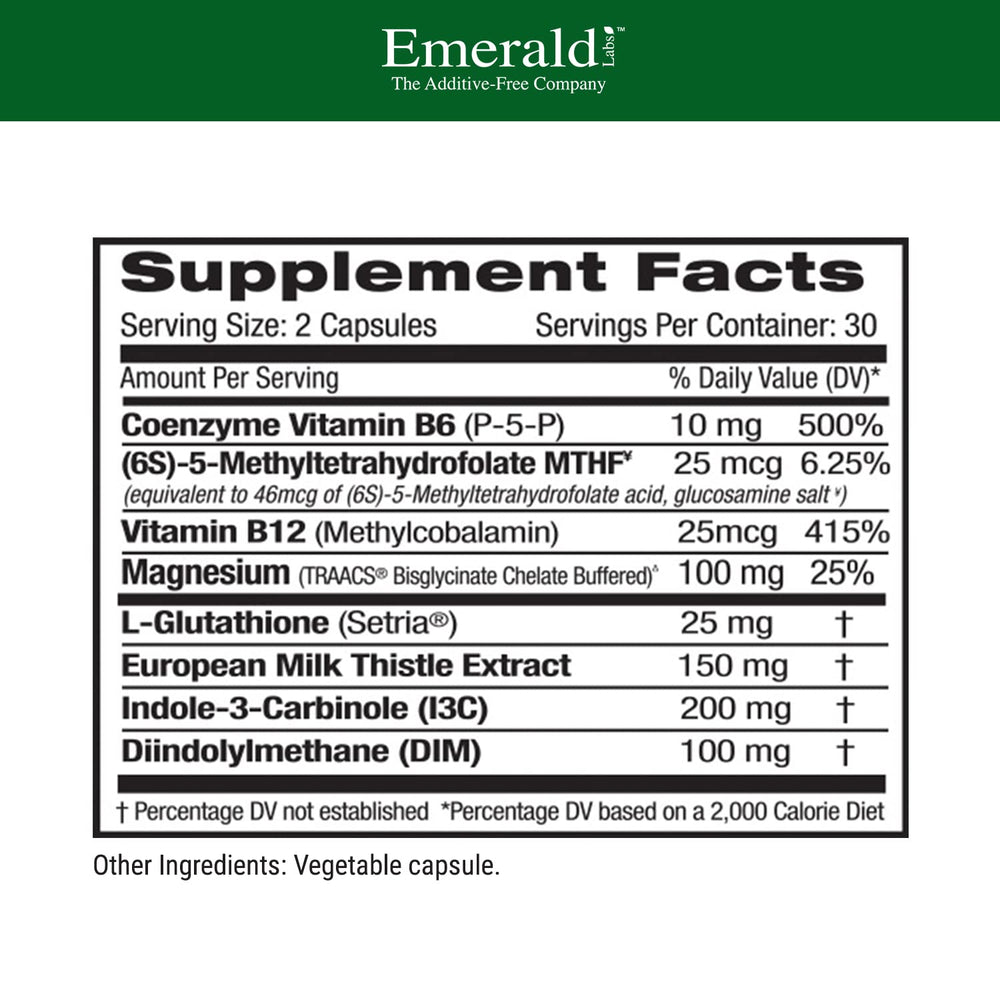 Emerald Labs Estrogen Detox label panel highlighting vegan and gluten-free formula