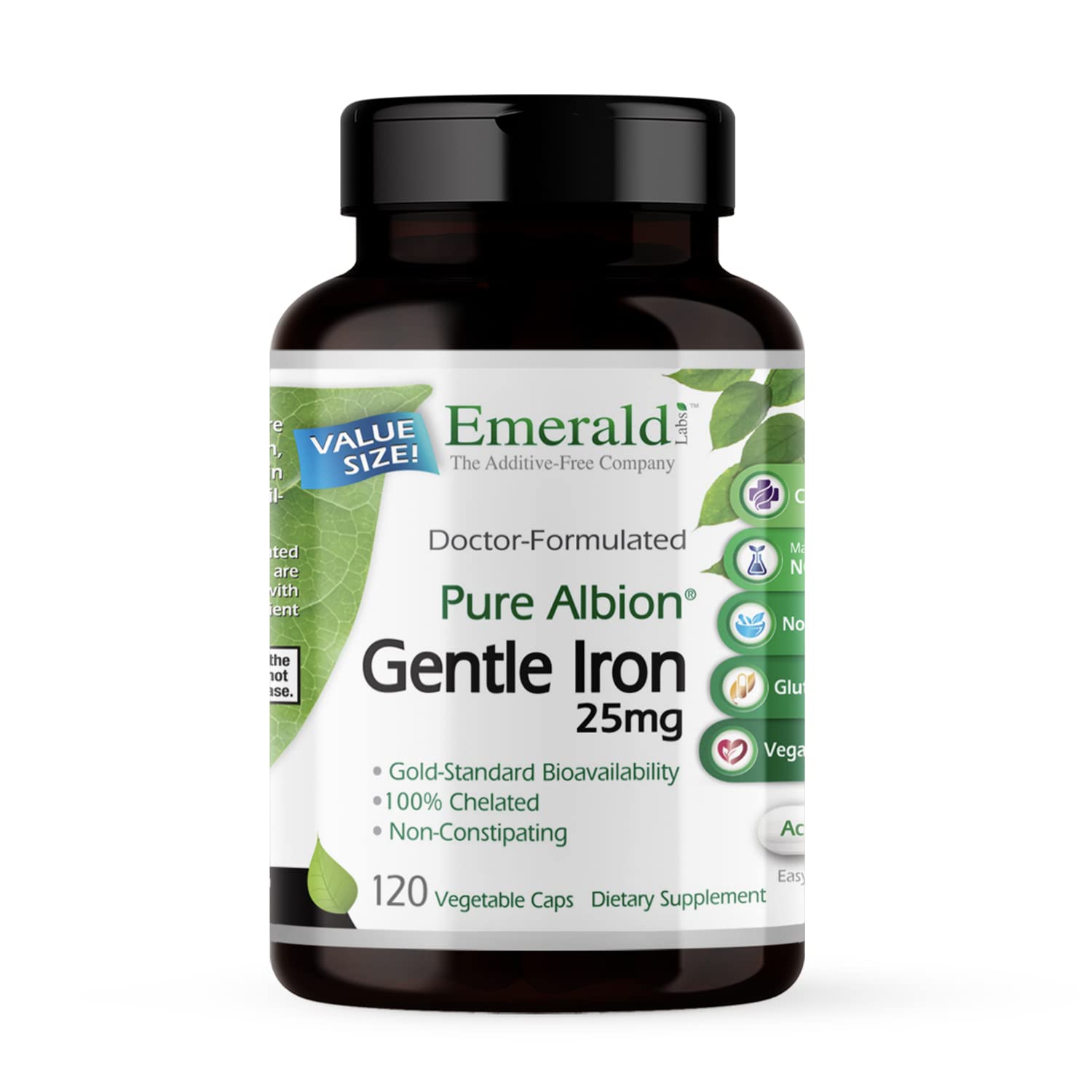 Emerald Labs Gentle Iron 25mg bottle front view for steady iron intake
