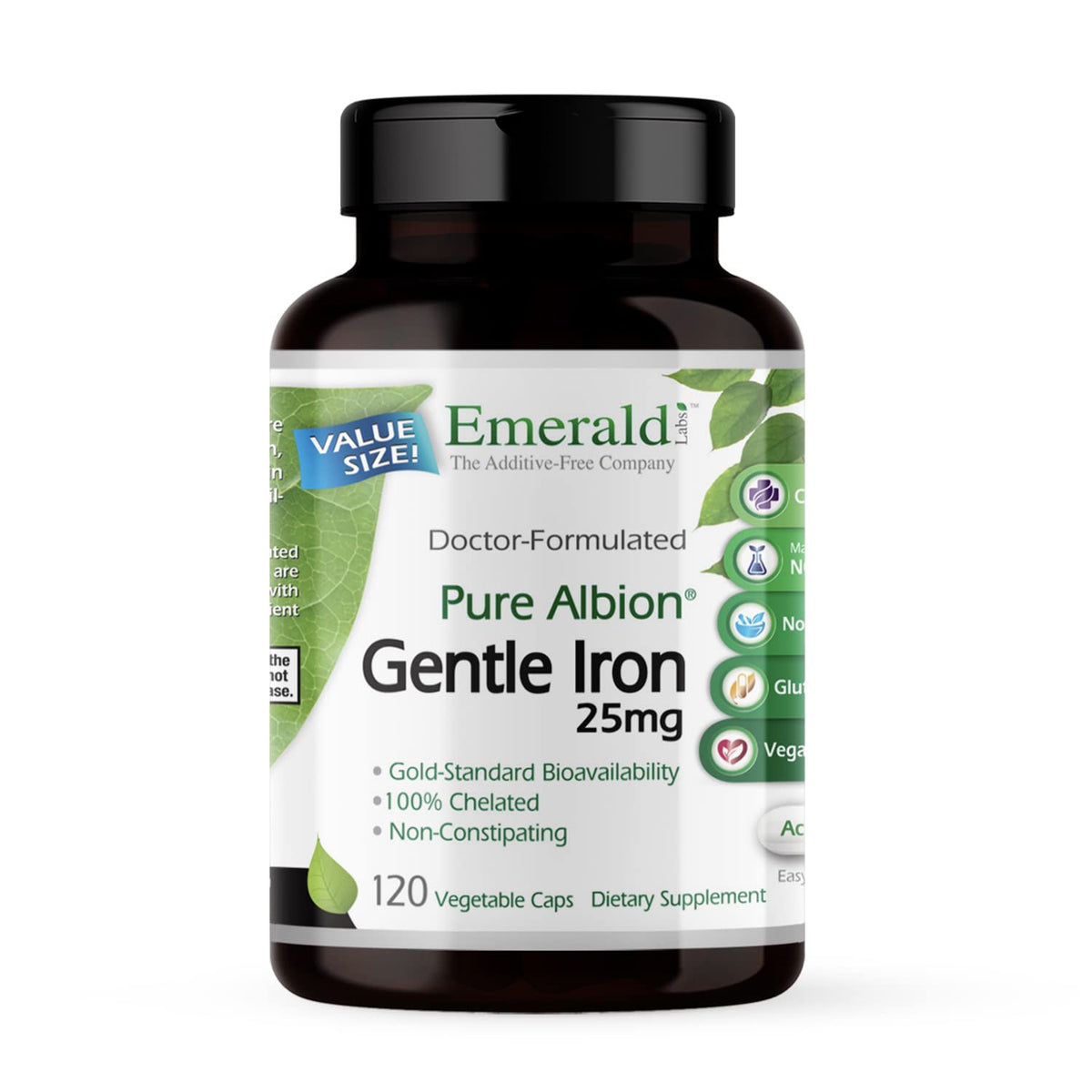 Emerald Labs Gentle Iron 25mg bottle front view for steady iron intake