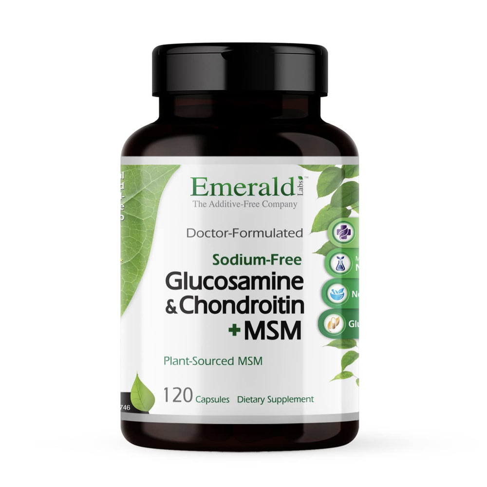 Emerald Labs Glucosamine & Chondroitin with MSM bottle promotes joint support.