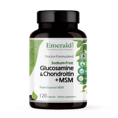 Emerald Labs Glucosamine & Chondroitin with MSM bottle promotes joint support.