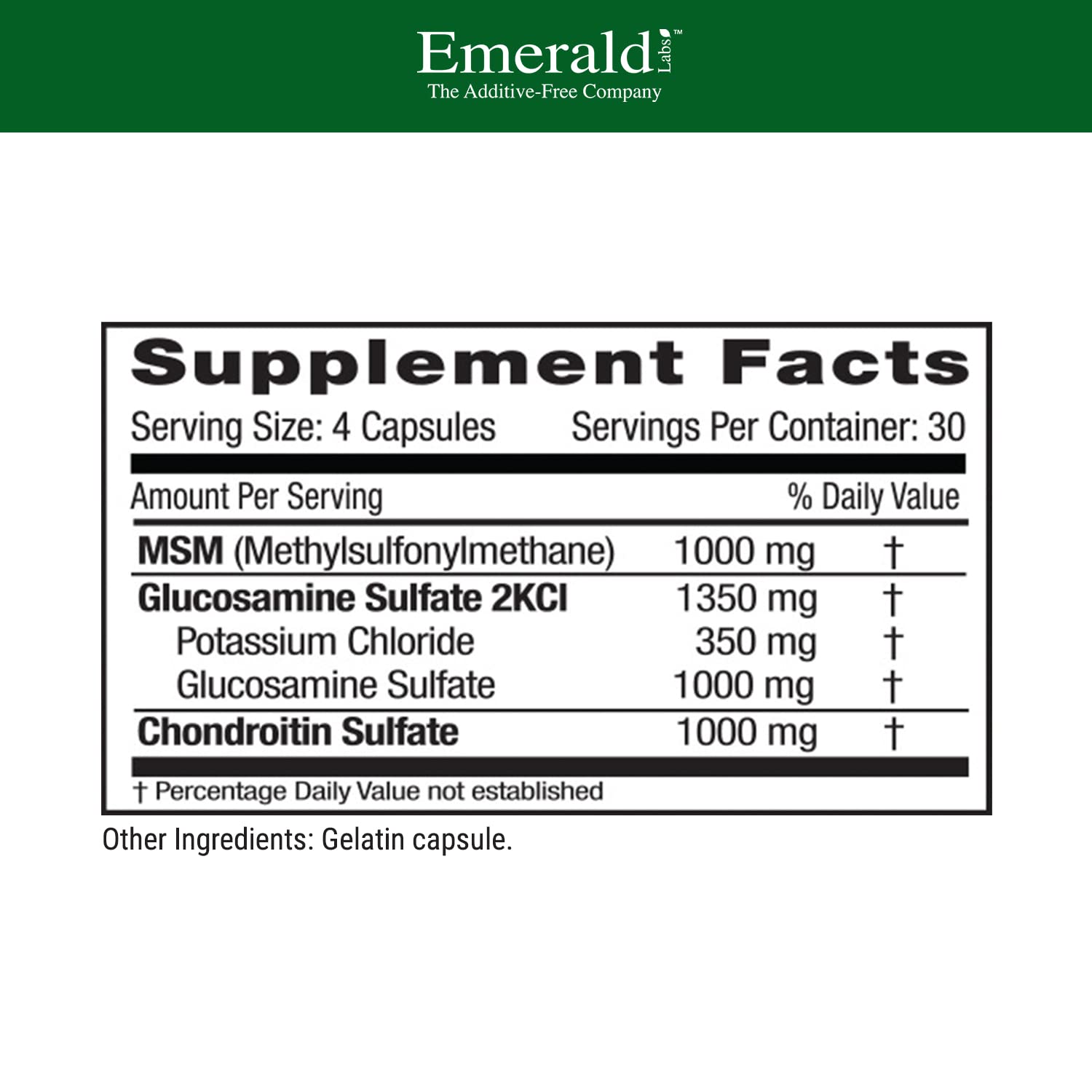 Emerald Labs capsules arranged to highlight gluten-free veggie formula for joint health.