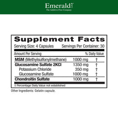 Emerald Labs capsules arranged to highlight gluten-free veggie formula for joint health.