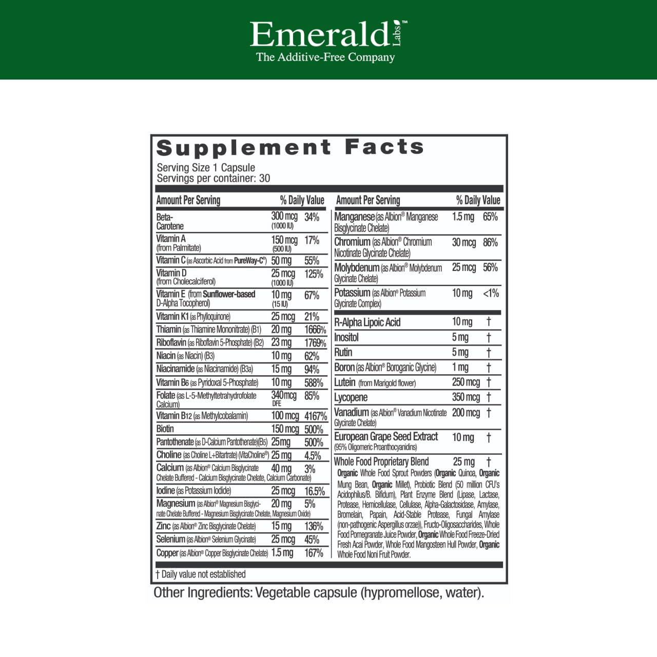Emerald Labs Men's 1 Daily Multi bottle label highlights vitamin D3 and zinc for overall support