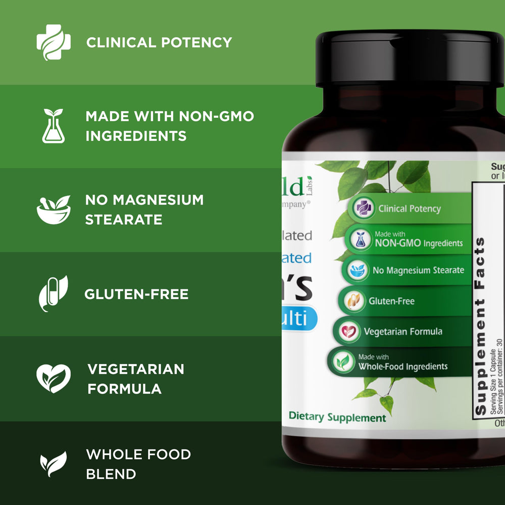 Emerald Labs Men's 1 Daily Multi bottle side reveals ingredients and allergen-free claim