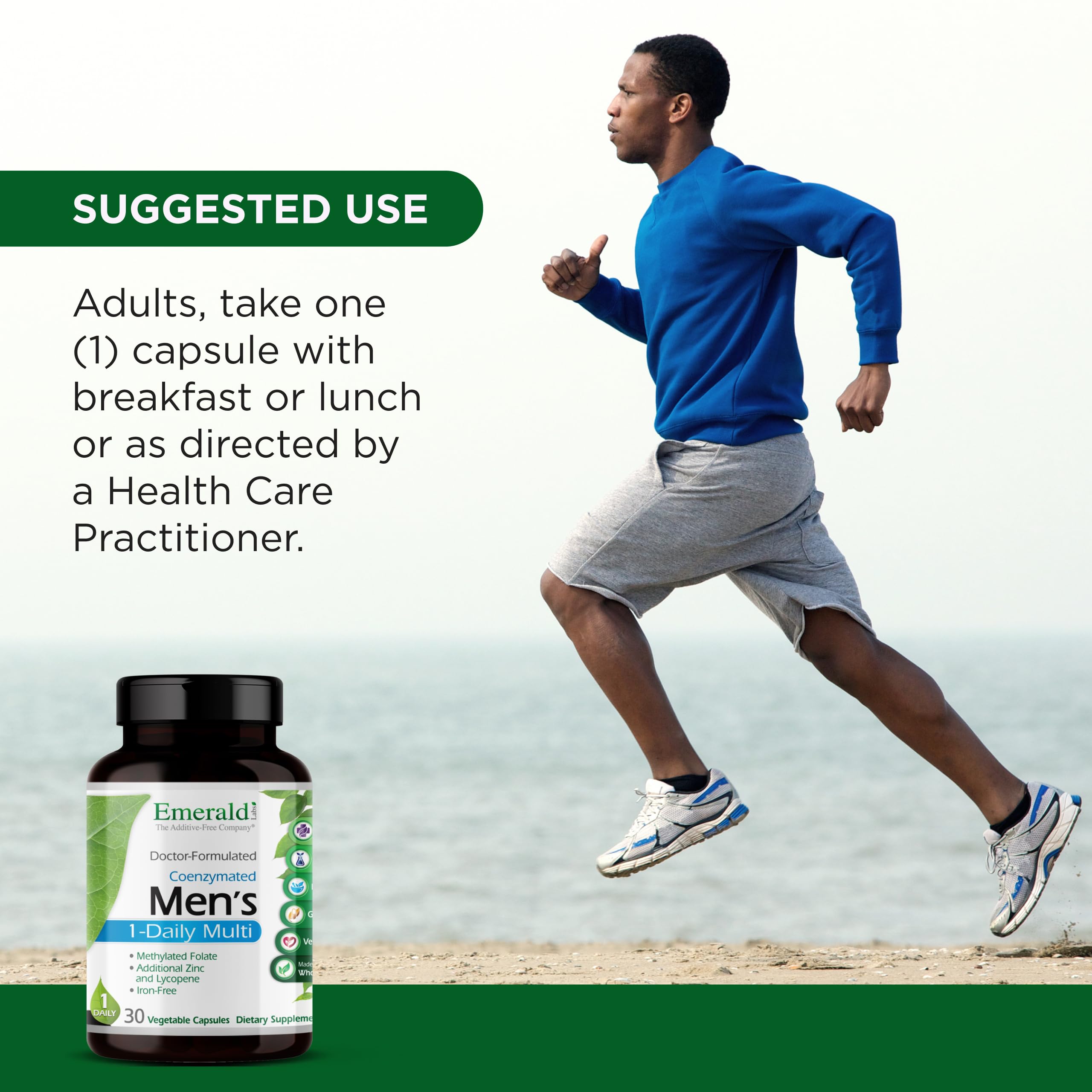 Emerald Labs Men's 1 Daily Multi serving-info shows dosage and daily intake guidance