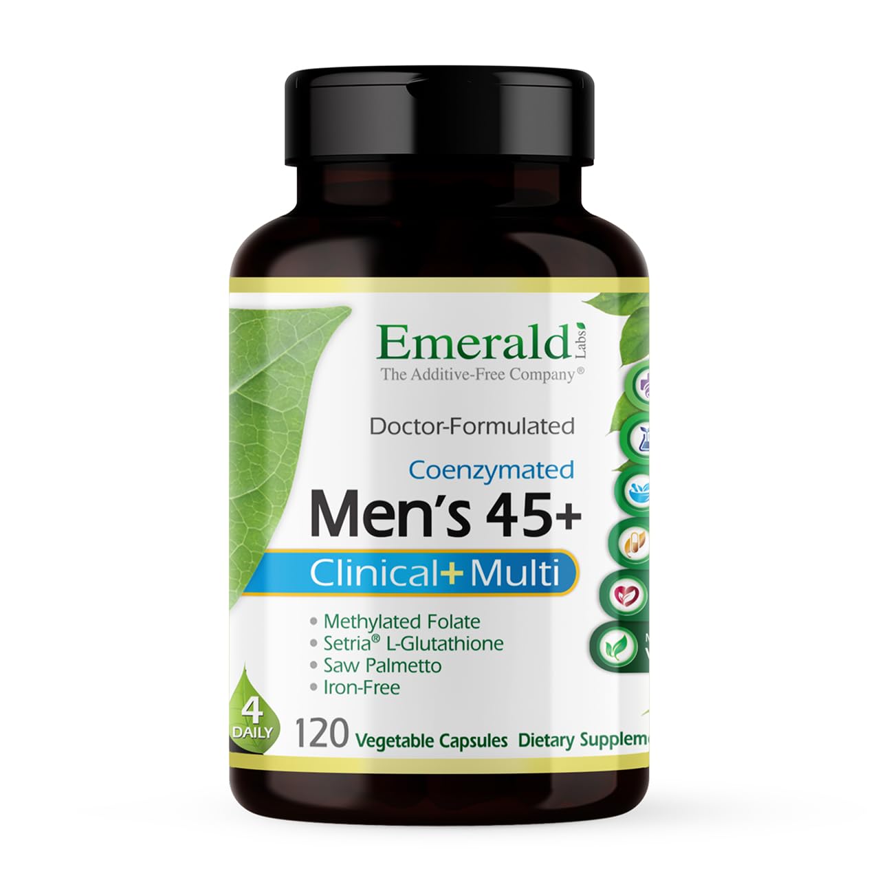 Emerald Labs Men's 45+ Clinical Multi bottle on counter, gluten-free and vegetarian formula.