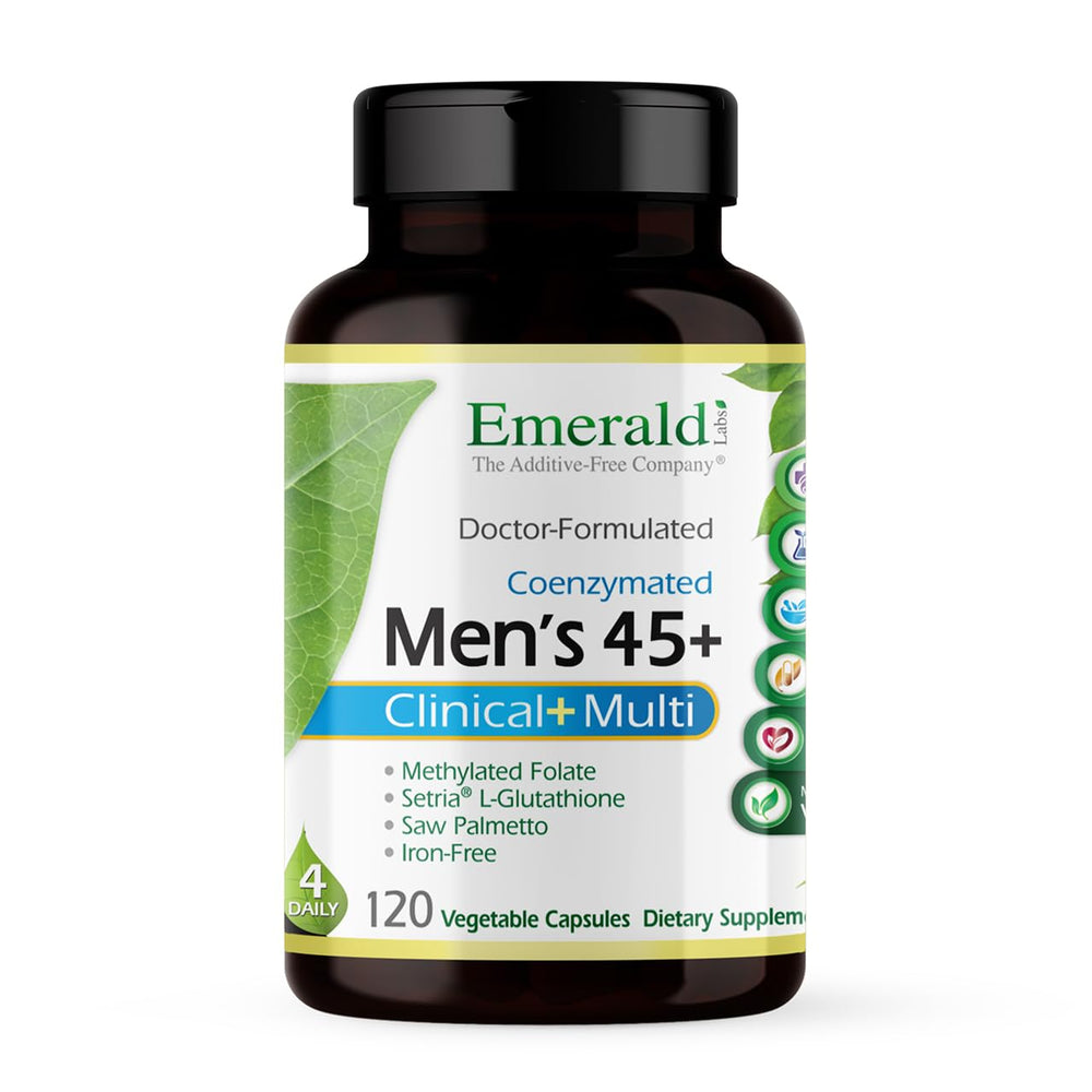 Emerald Labs Men's 45+ Clinical Multi bottle on counter, gluten-free and vegetarian formula.
