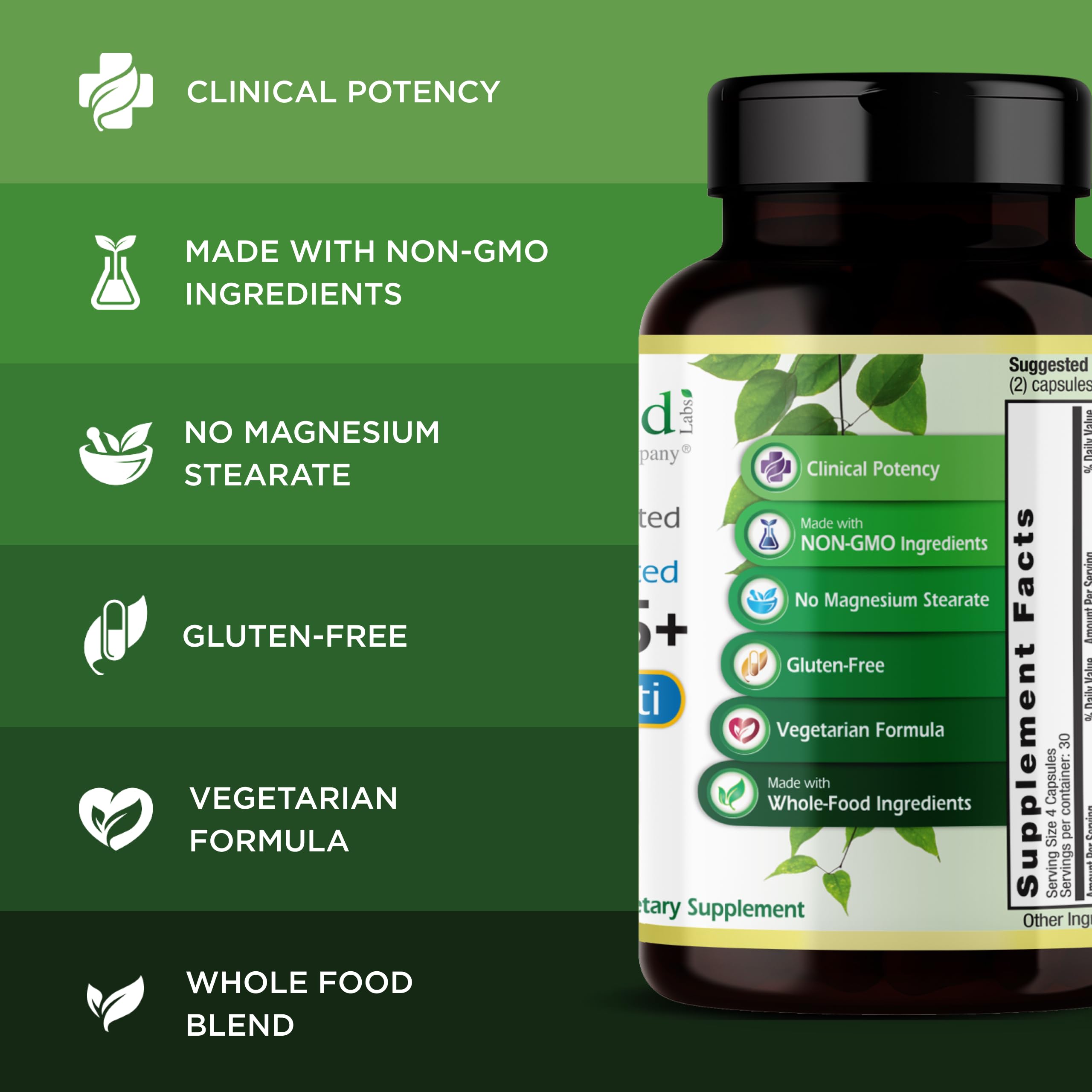 Packaging image showing gluten-free and vegetarian features of Emerald Labs Men's 45+ Clinical Multi.