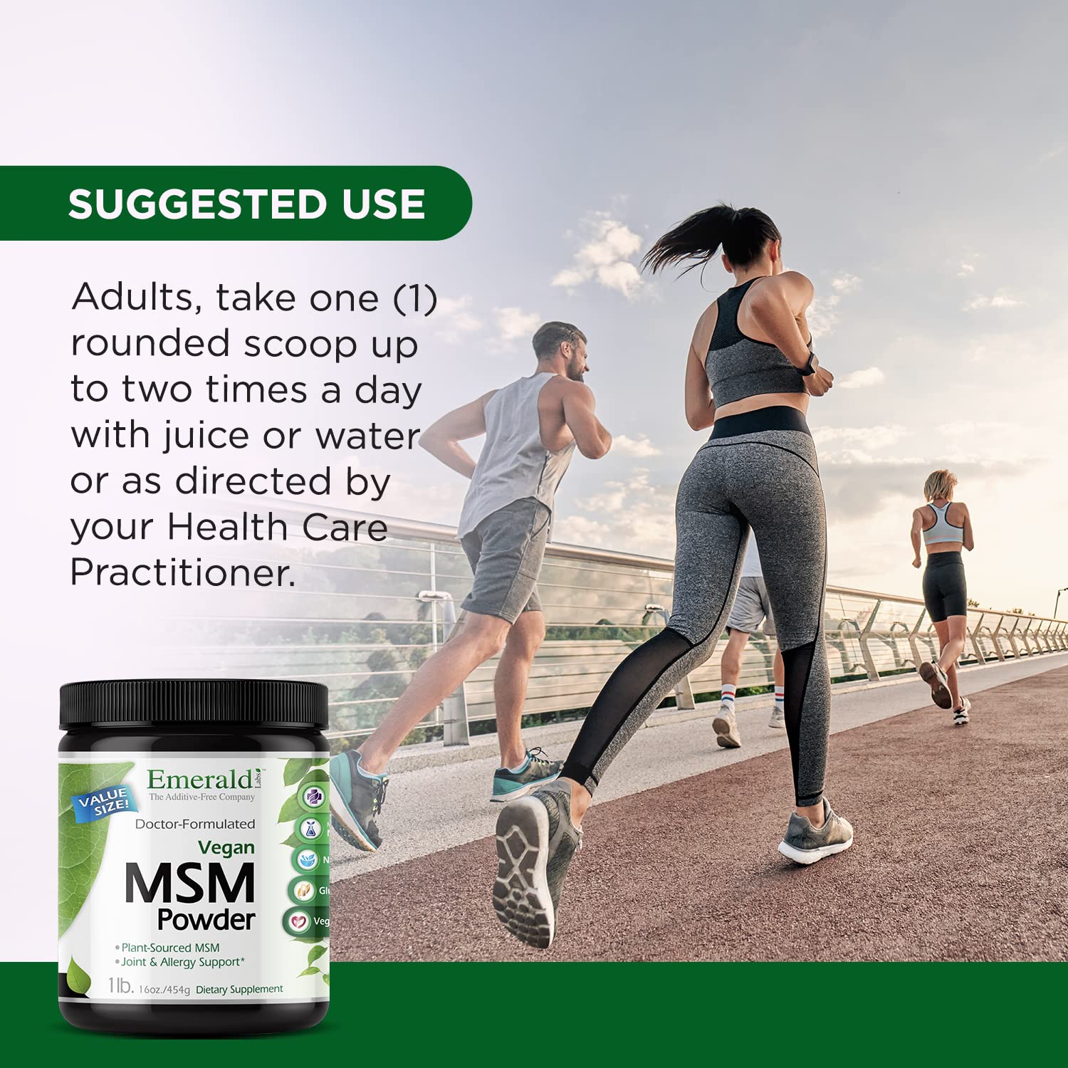Close-up of additive-free formulation visible on Emerald Labs MSM powder label.