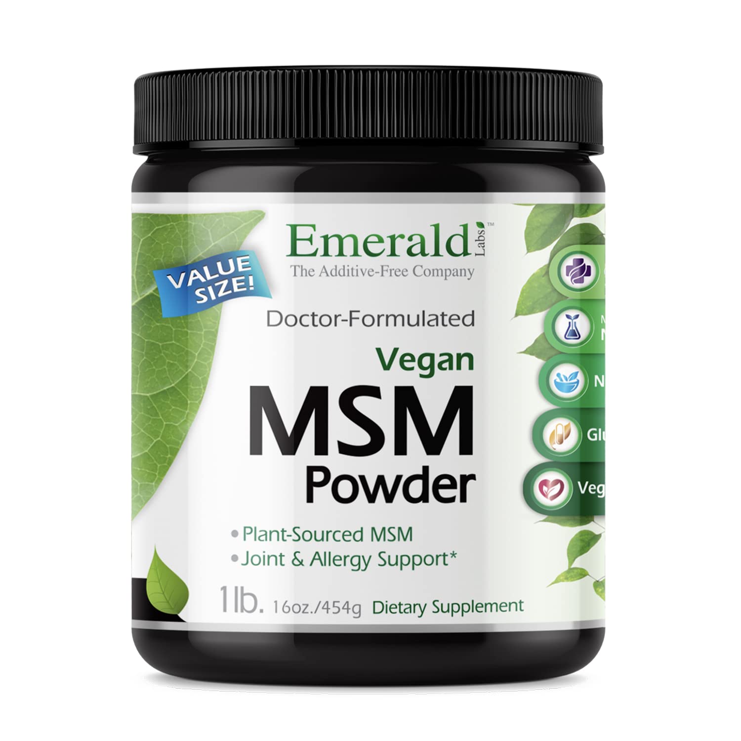 Emerald Labs MSM powder bottle showing 4000 mg per serving for joint support.