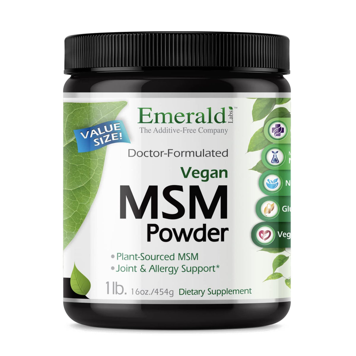 Emerald Labs MSM powder bottle showing 4000 mg per serving for joint support.