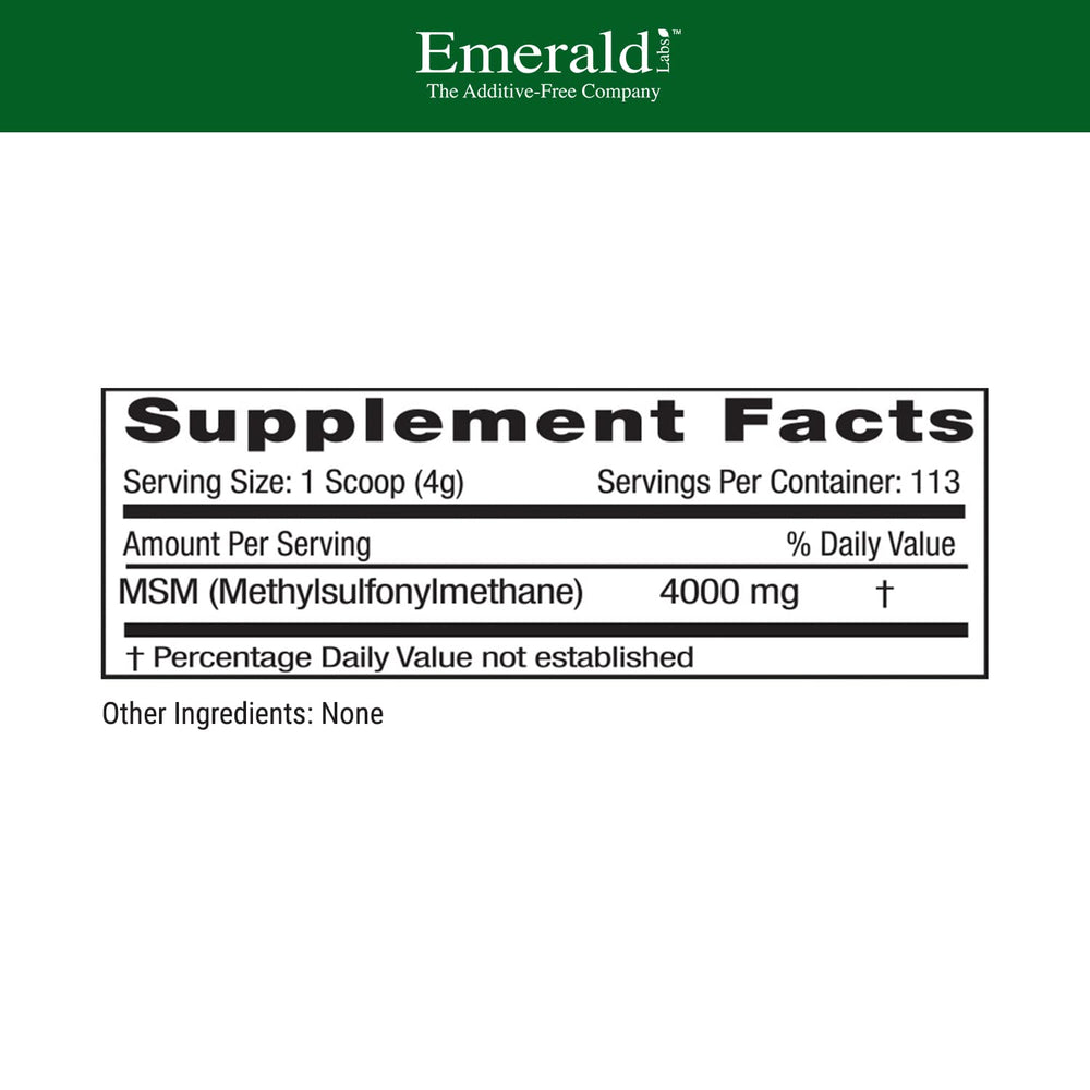 MSM powder measuring scoop beside Emerald Labs MSM powder jar for dosing.