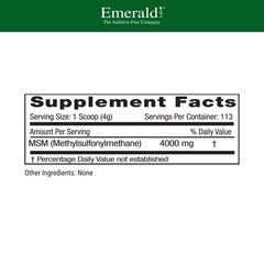 MSM powder measuring scoop beside Emerald Labs MSM powder jar for dosing.