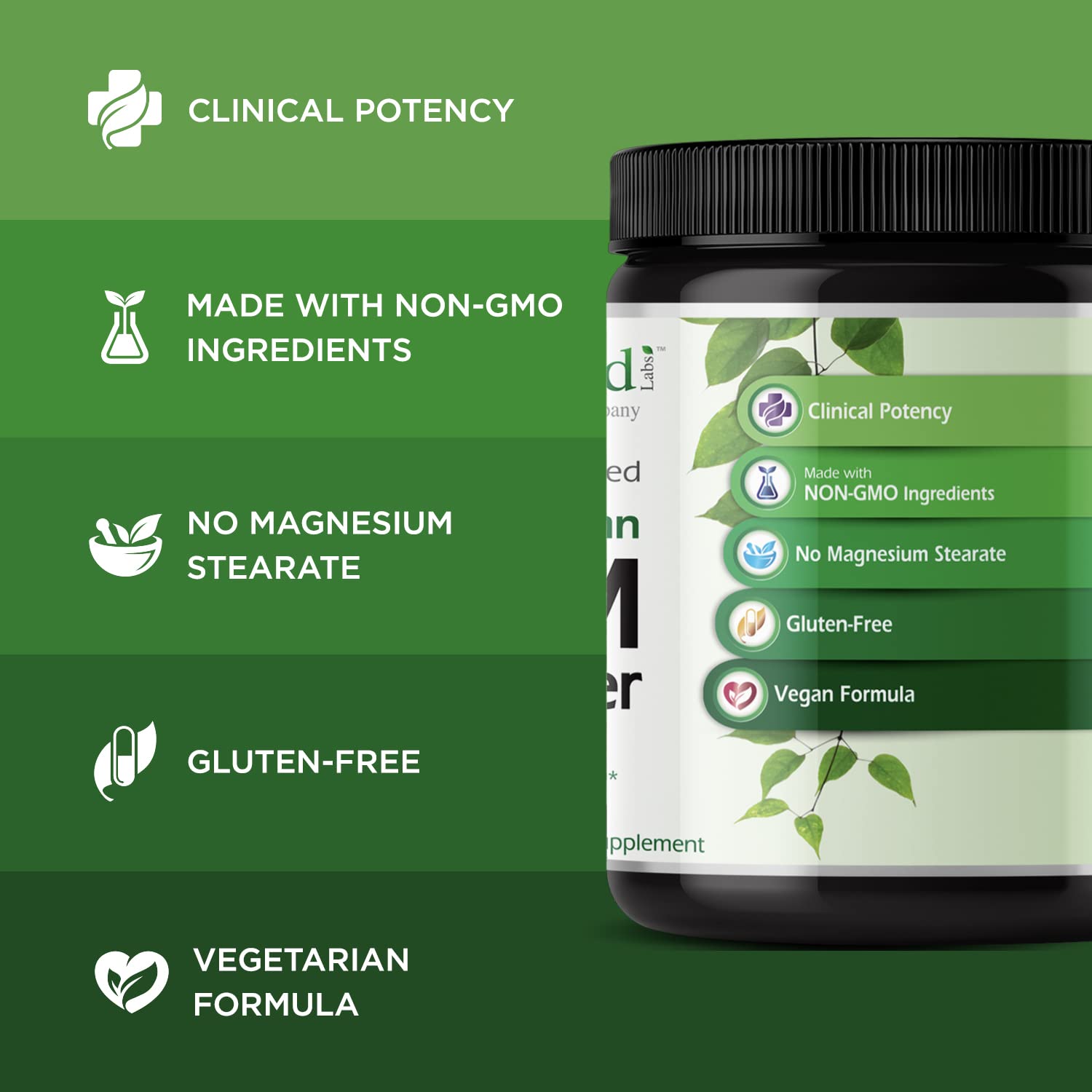 Vegan and gluten-free label on Emerald Labs MSM powder packaging.