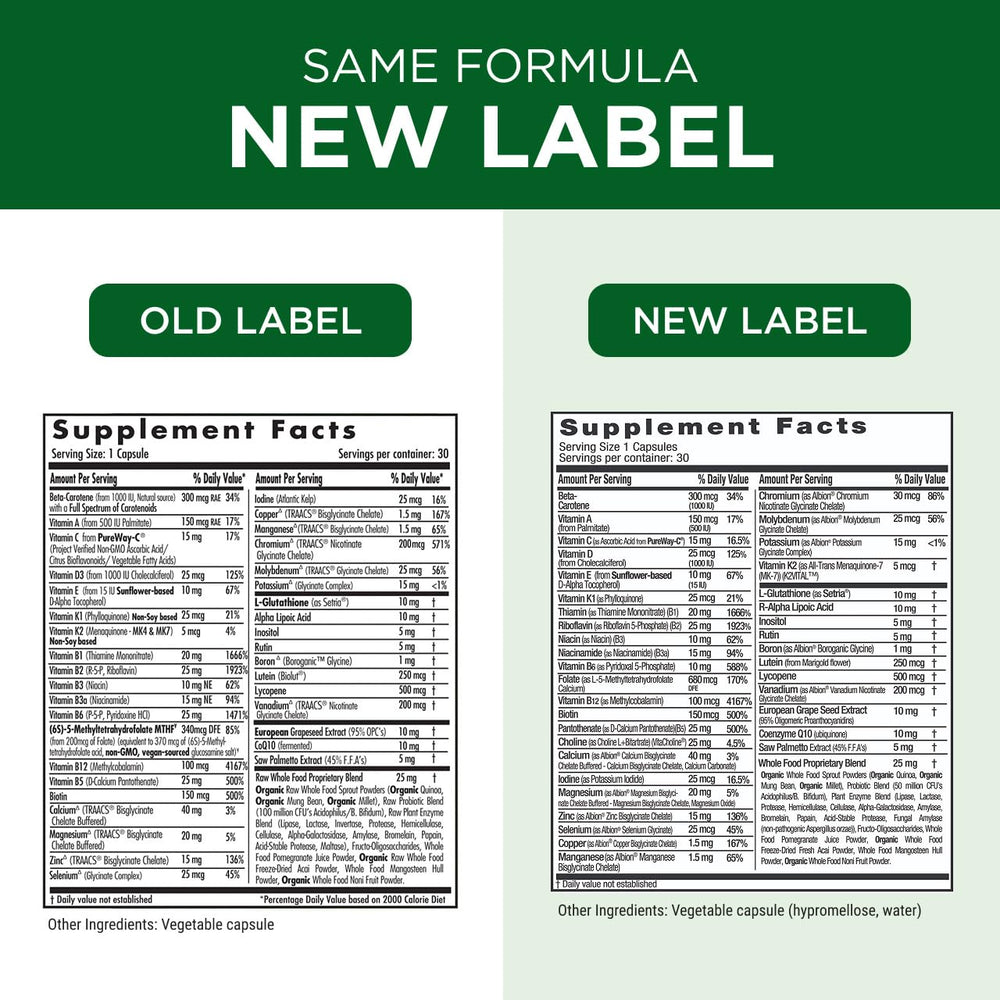 Emerald Labs nutrition facts panel details the multivitamin composition.