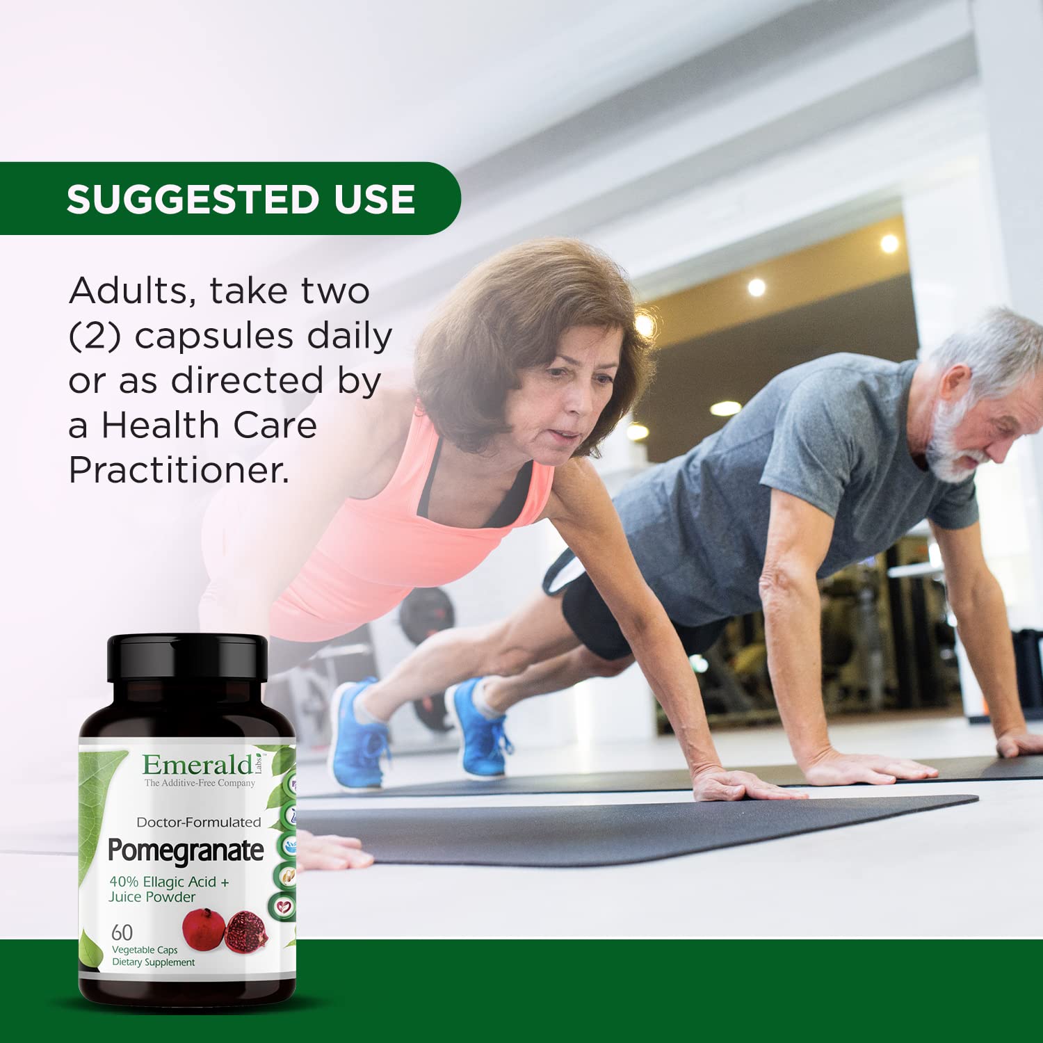 Bottle with fresh pomegranates suggests natural antioxidant benefits.