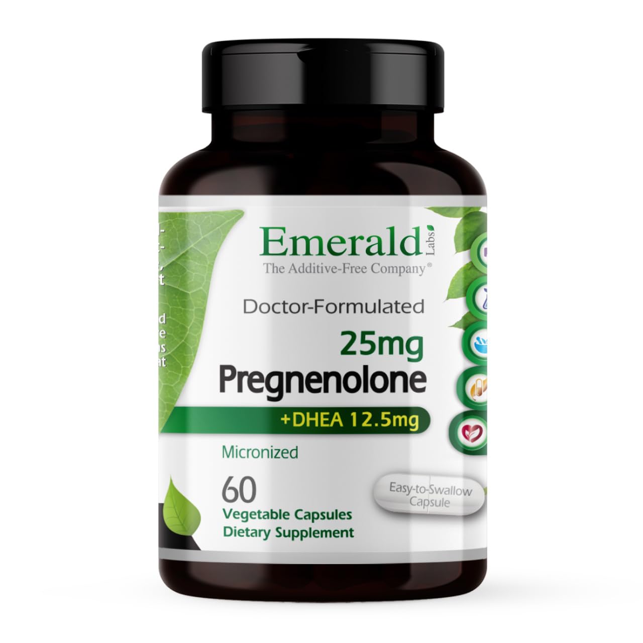 EMERALD LABS Pregnenolone DHEA bottle emphasizes cognitive support and hormone balance.