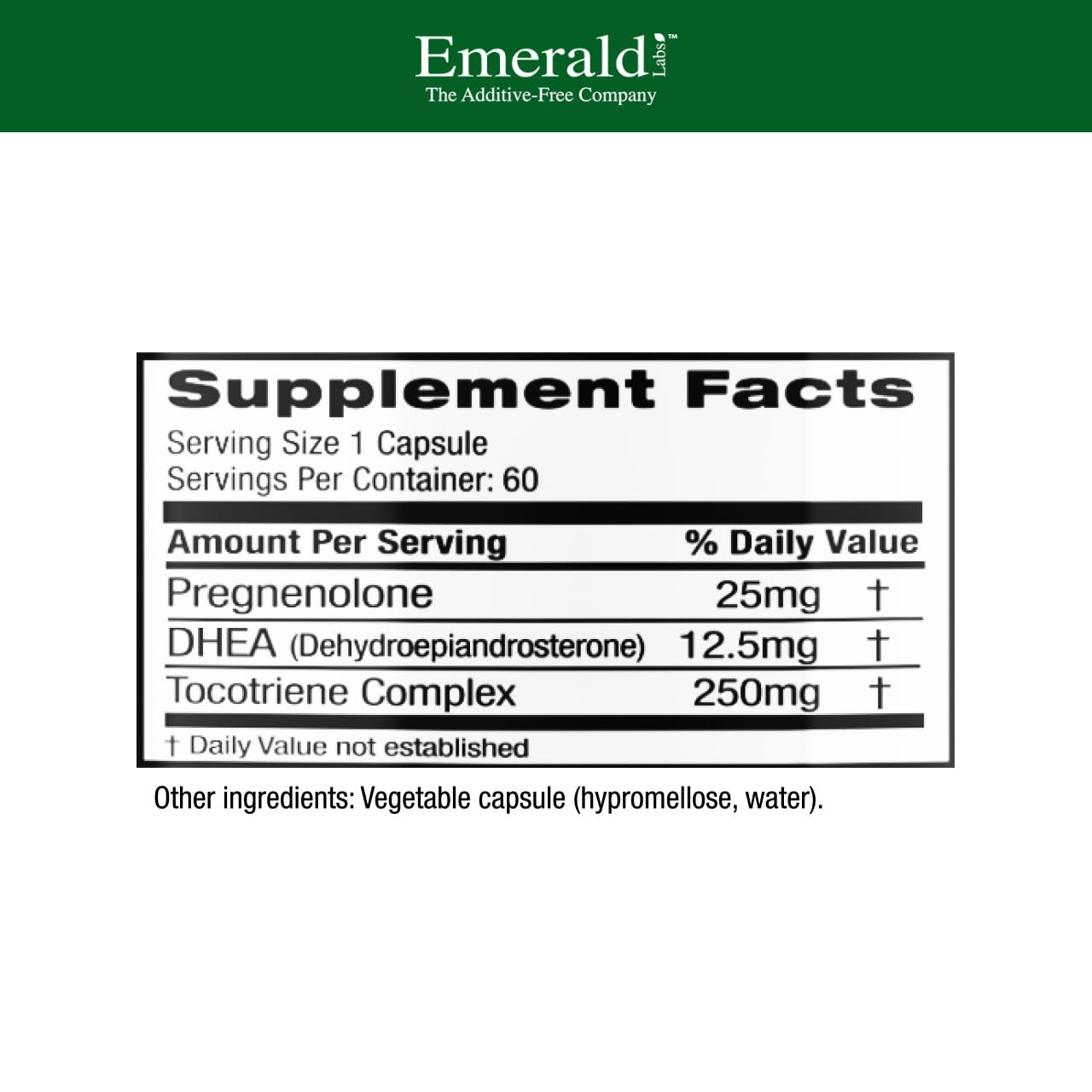 Emerald Labs pregnenolone-dhea capsules on a clean label highlight gluten-free purity.