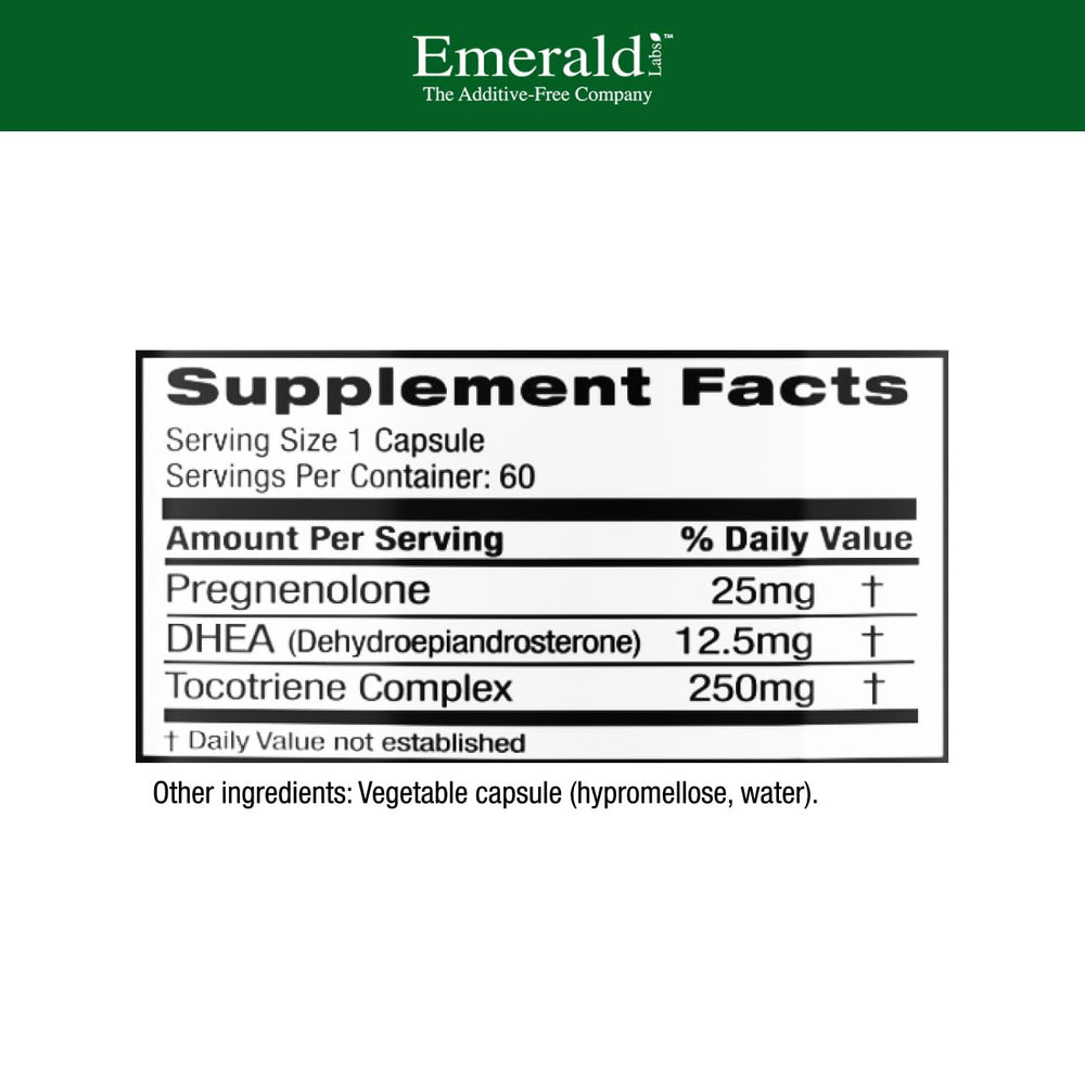Emerald Labs pregnenolone-dhea capsules on a clean label highlight gluten-free purity.