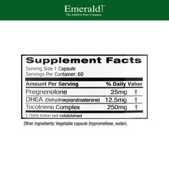 Emerald Labs pregnenolone-dhea capsules on a clean label highlight gluten-free purity.