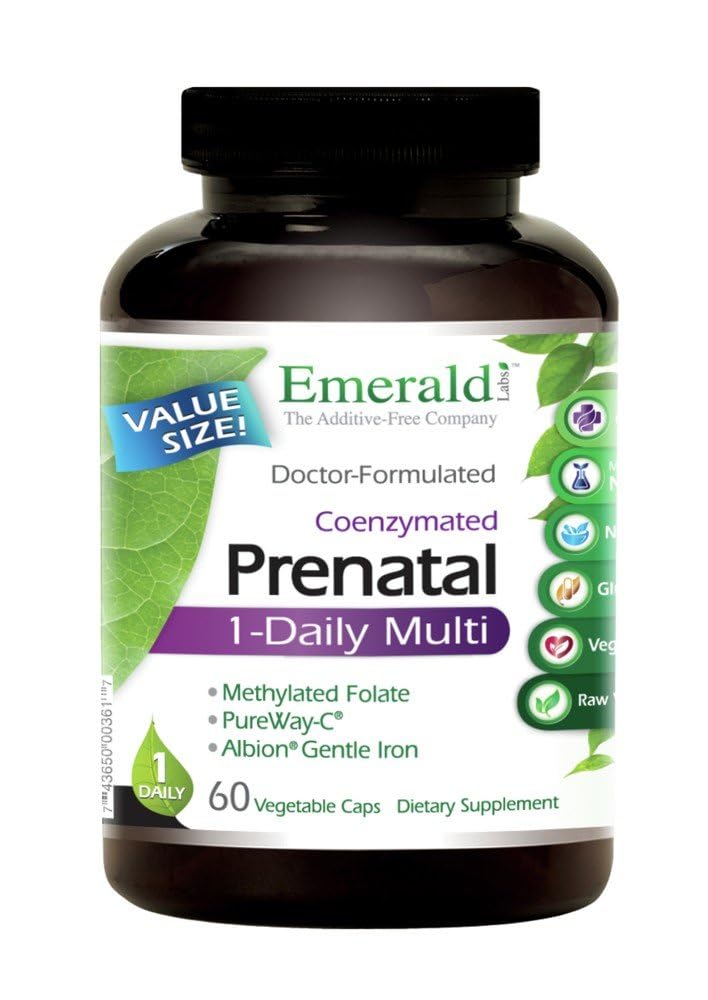 Emerald Labs Prenatal 1-Daily Multi bottle with gentle iron and methylated folate support.