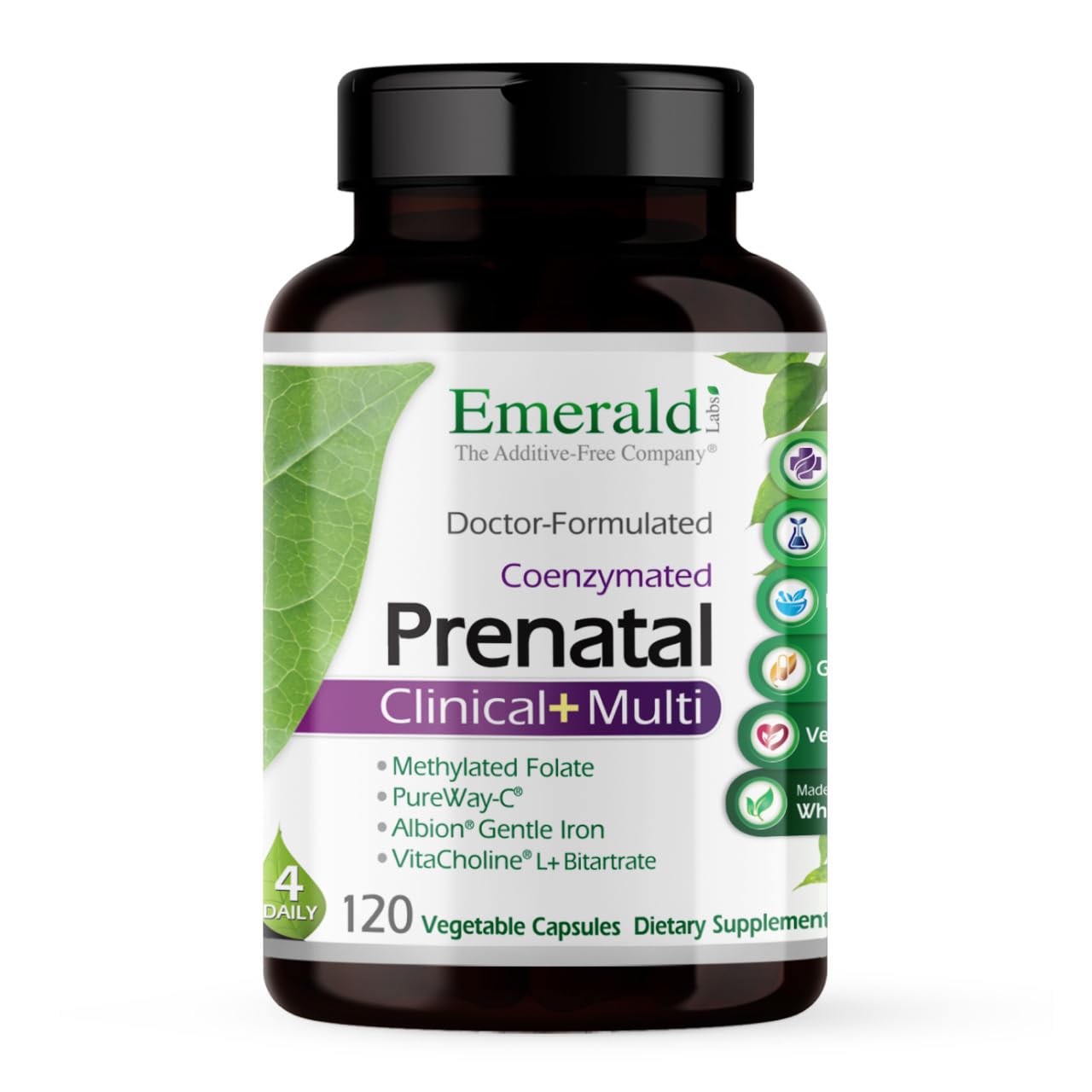 Emerald Labs Prenatal Multi bottle front showing soy- and gluten-free formula.