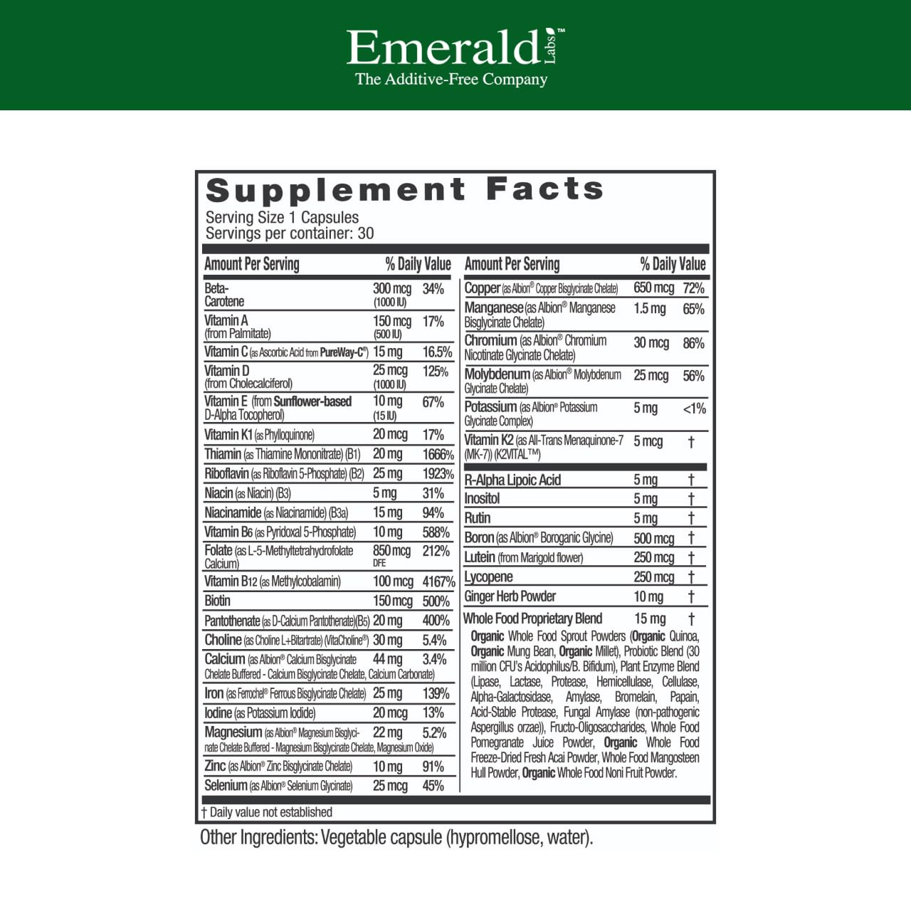 Emerald Labs Prenatal vegetable capsules ready for easy, plant-based supplementation.