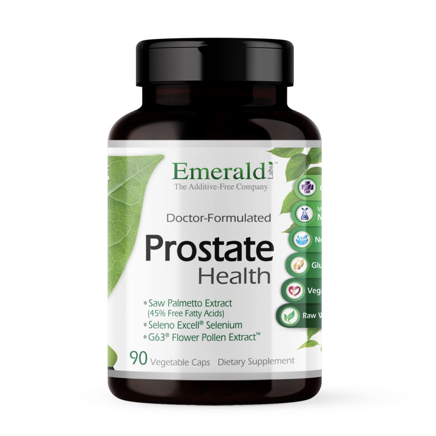 Emerald Labs Prostate Health bottle cap close-up with easy-to-swallow vegan capsules.