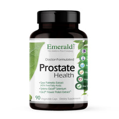 Emerald Labs Prostate Health bottle cap close-up with easy-to-swallow vegan capsules.