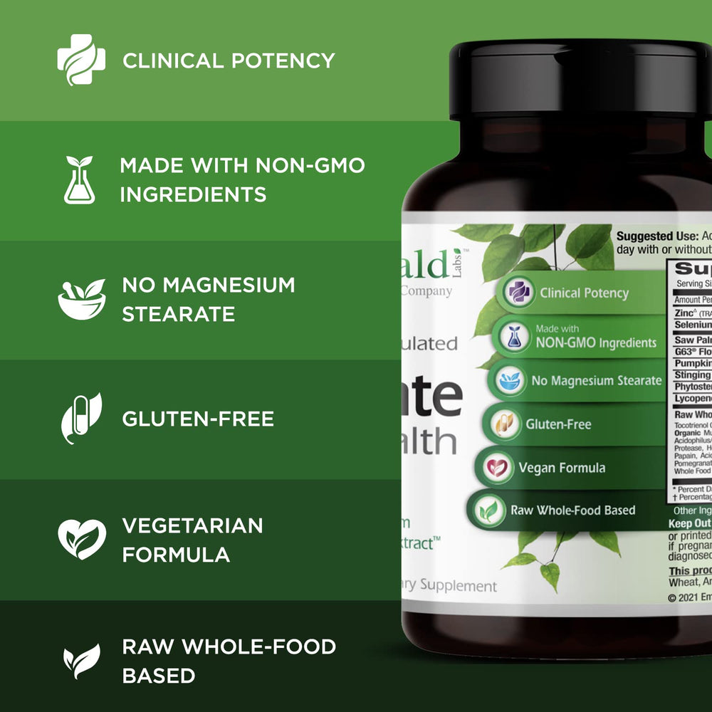 Emerald Labs Prostate Health bottle label highlights saw palmetto extract.