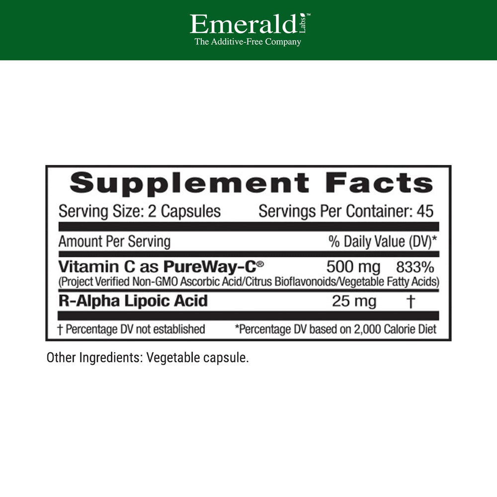 PureWay-C capsules shown with 500 mg per two capsules for immune support.