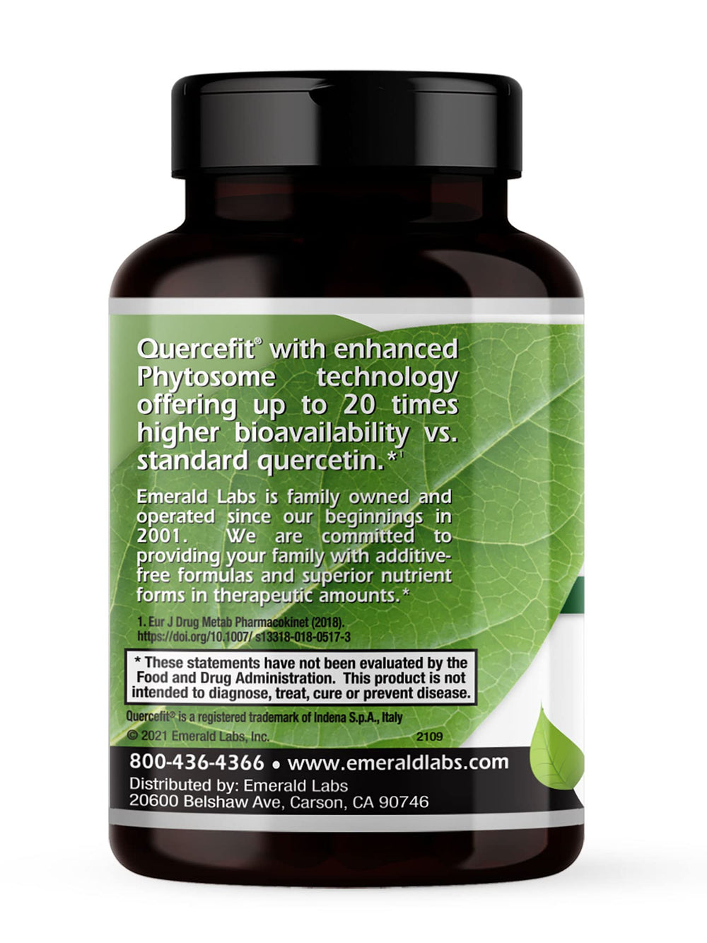 Emerald Labs Quercetin Phytosome label showing vegan and gluten-free formula