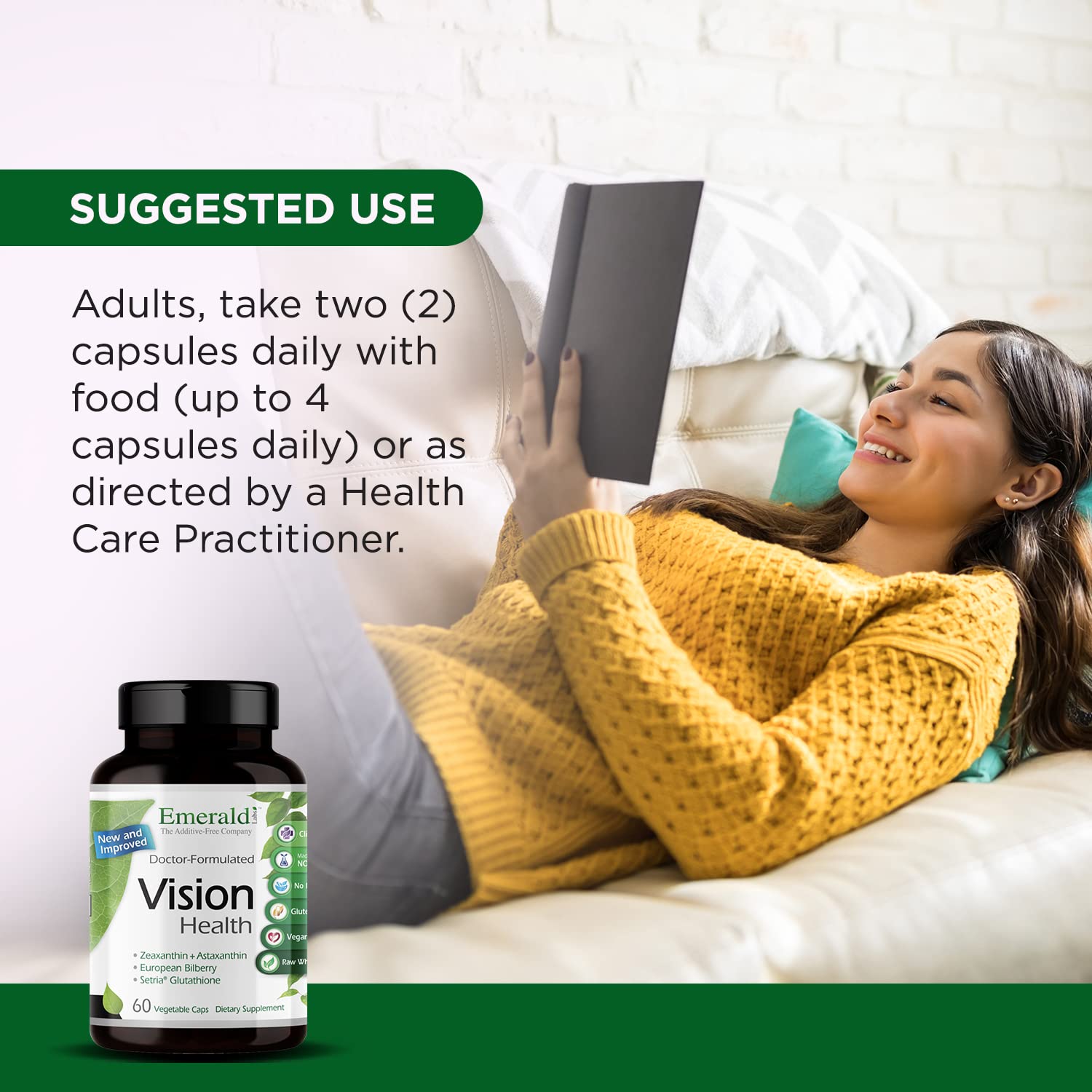 Emerald Labs Vision Health vegetable capsules shown for vegan daily use