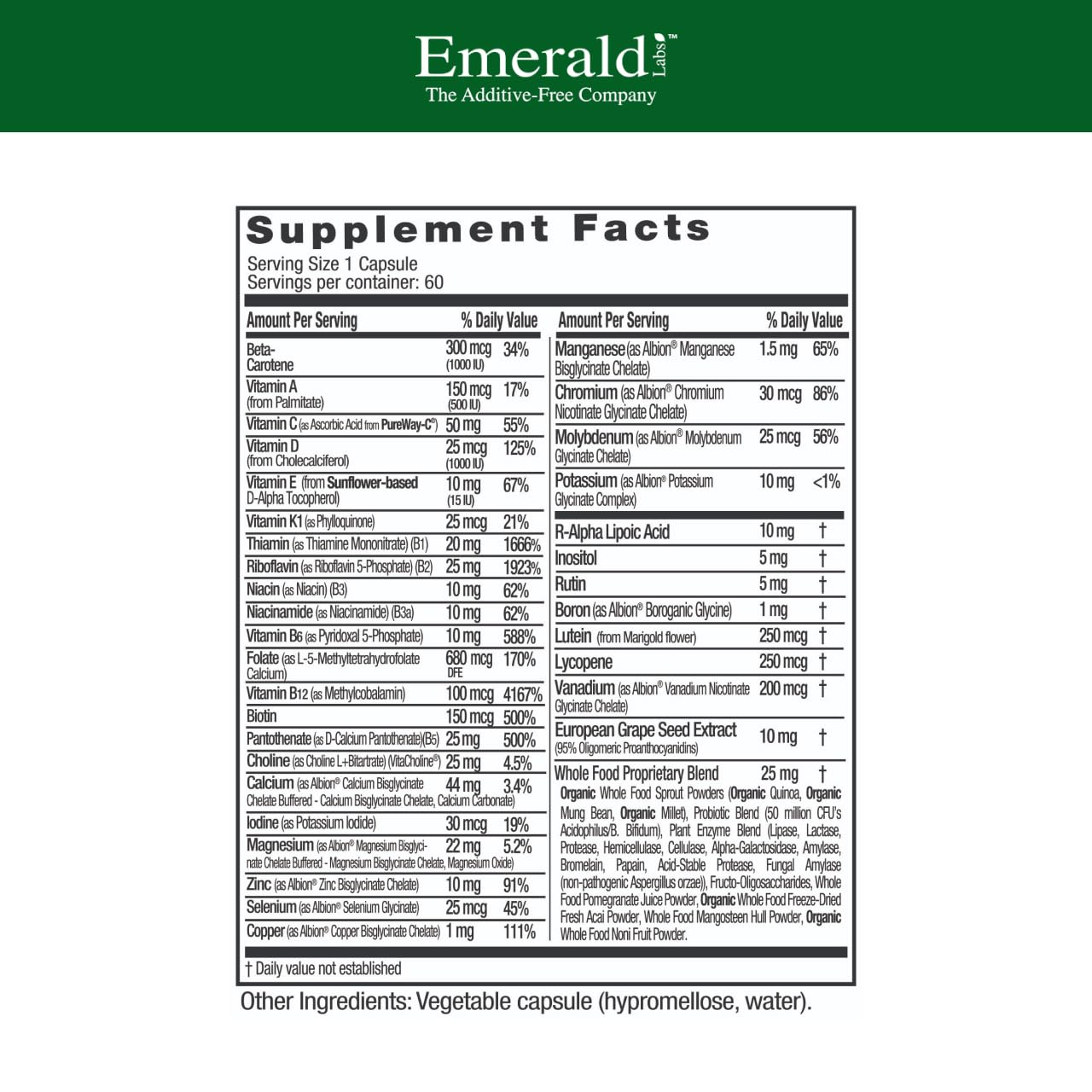 Emerald Labs Women's 1-Daily Multi bottle side highlights easy daily use.