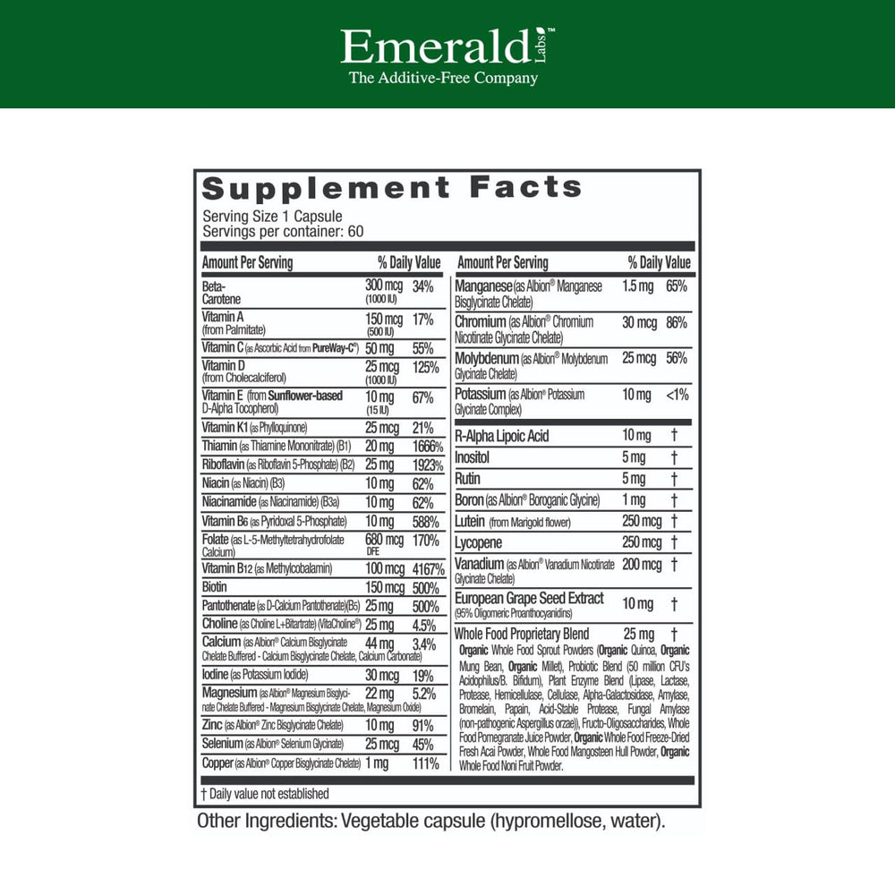Emerald Labs Women's 1-Daily Multi bottle side highlights easy daily use.