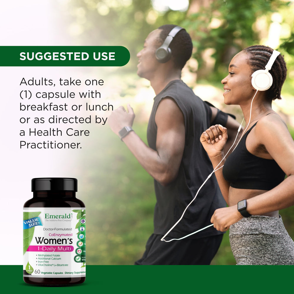 Emerald Labs Women's 1-Daily Multi capsules pour demonstrating simple daily intake.