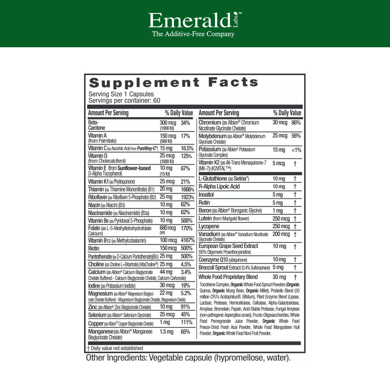 Close-up of Emerald Labs 45+ capsules highlighting vegetarian, non-GMO formula.