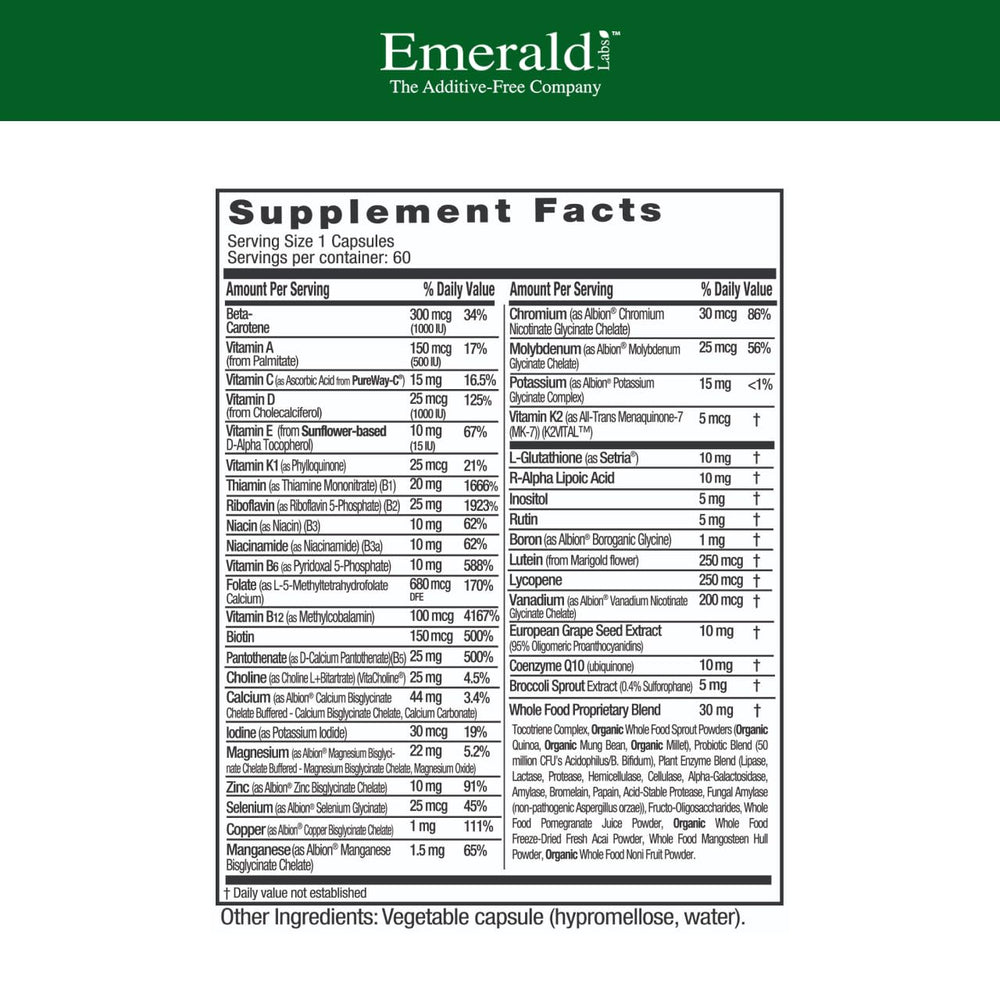 Close-up of Emerald Labs 45+ capsules highlighting vegetarian, non-GMO formula.